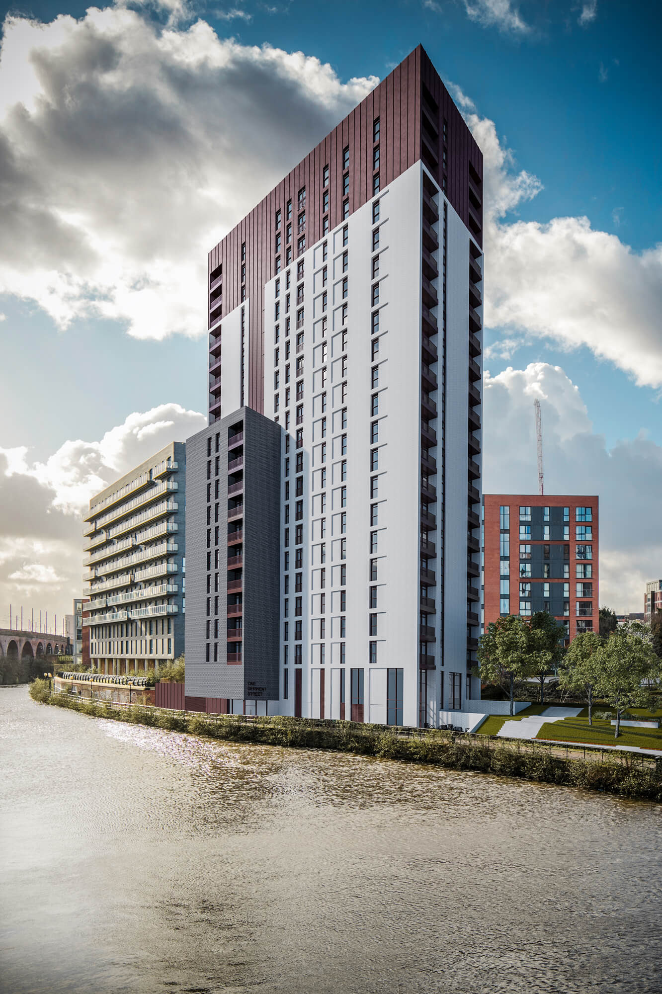 Urban CGI of Derwent Street high rise development, with a central building surrounded by a canal and passing clouds.