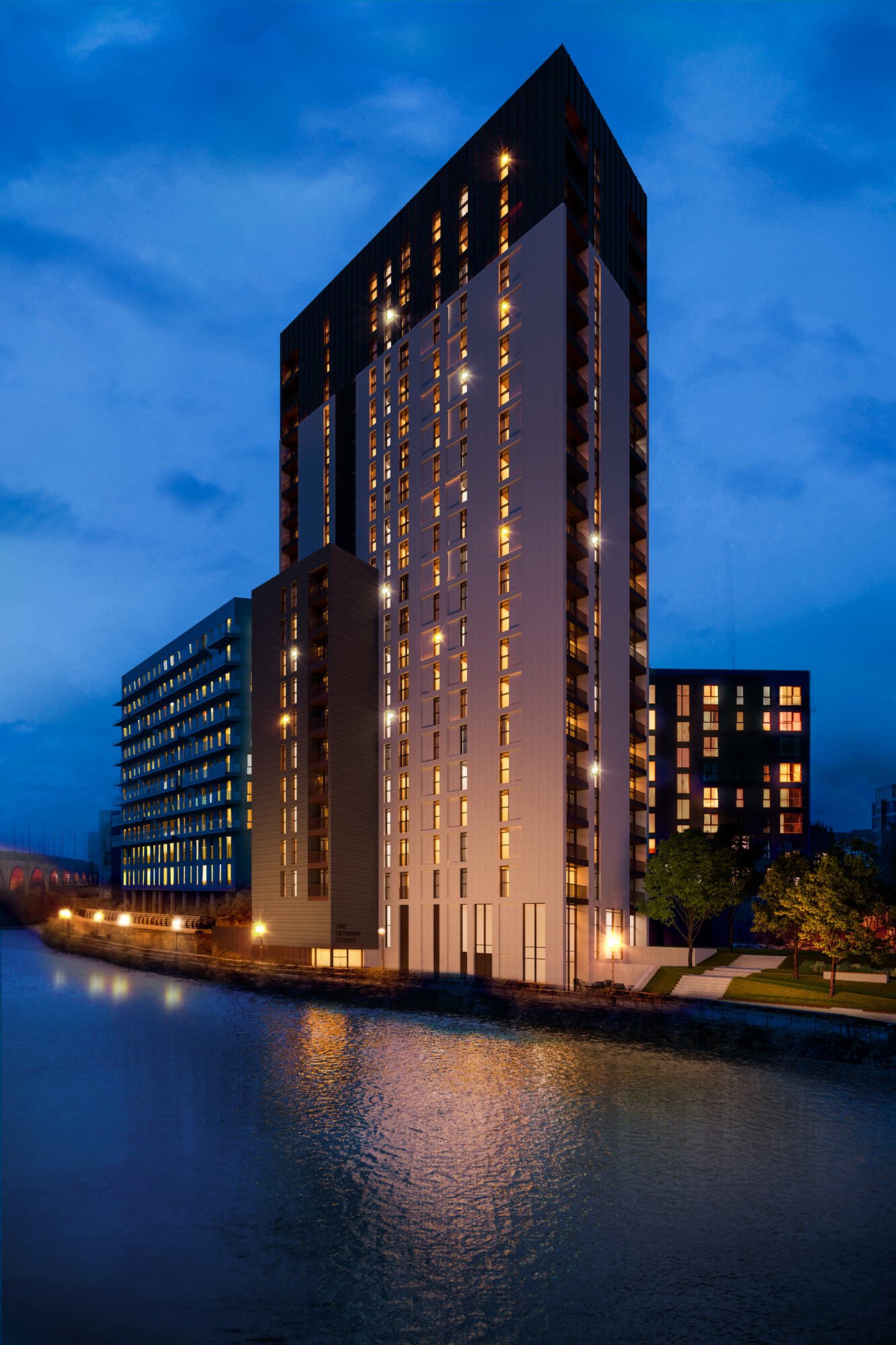 Urban CGI of Derwent Street high rise development, with a central building surrounded by a canal, viewed at night with ambient lighting.