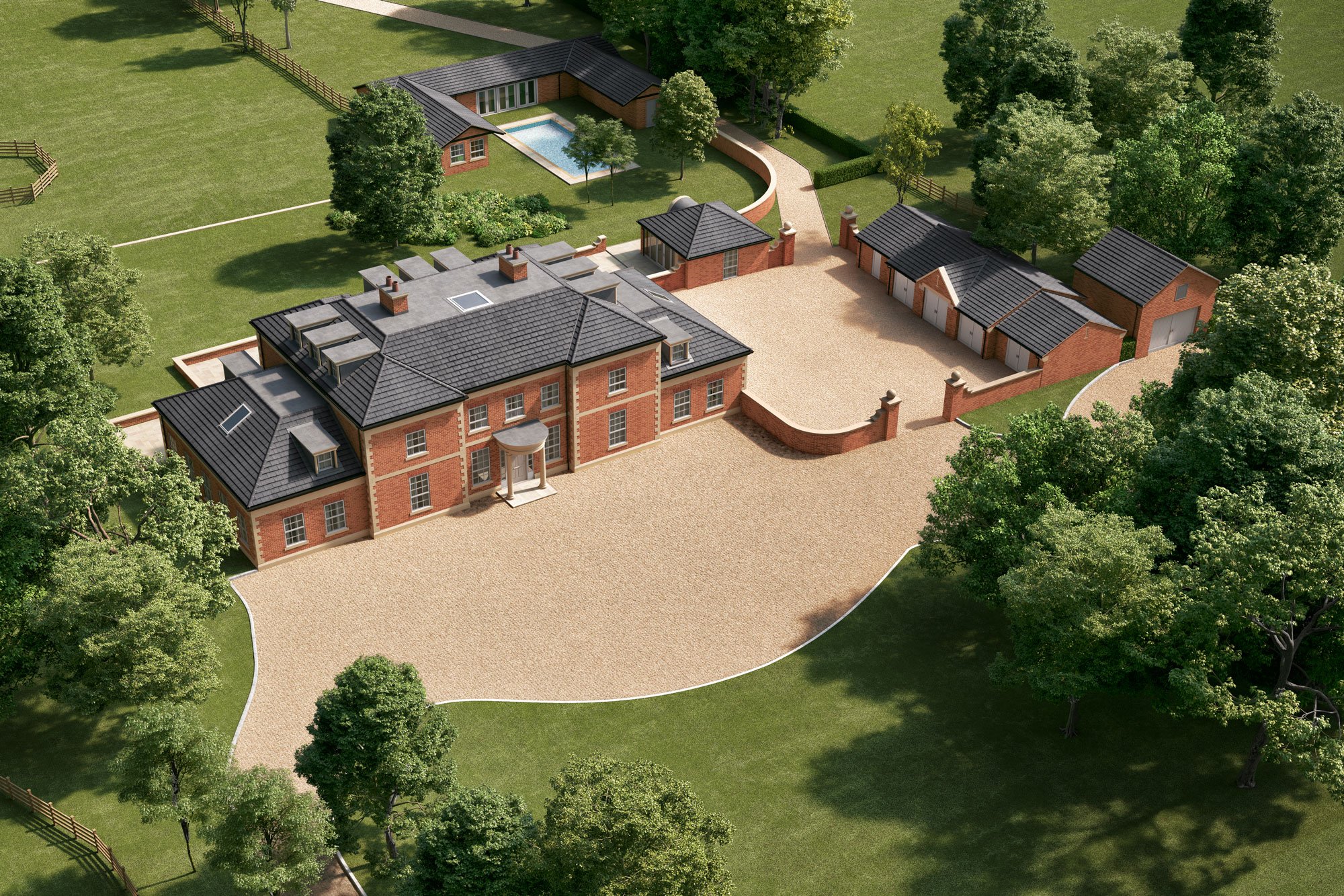A birdseye view of the expansive Chaseley Farm manor building and surrounding landscape, with pool, stables and large gravel driveway.