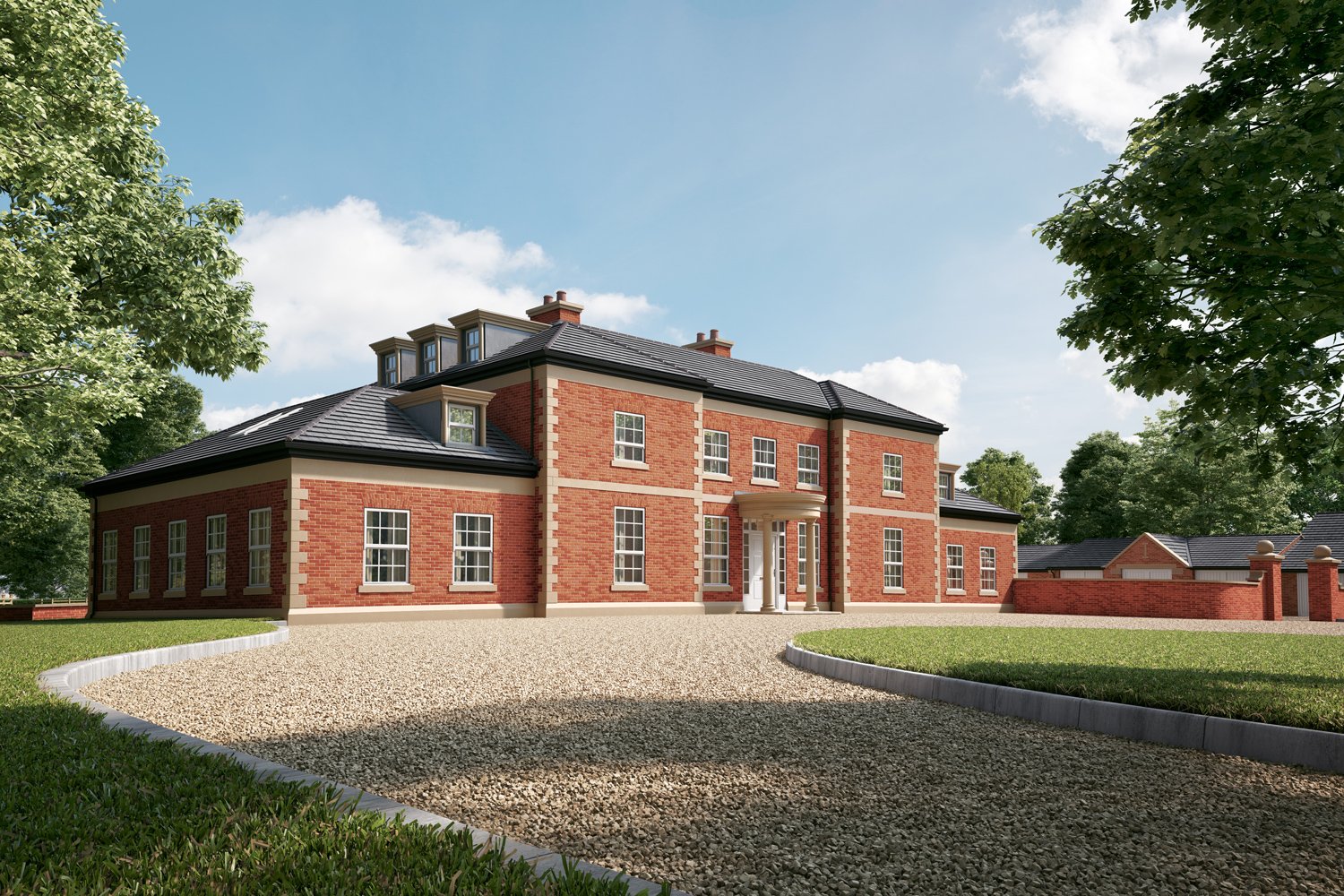 The grand, red brick Chasely Farm manor viewed from the front, with sweeping gravel driveway and tall green trees around it.