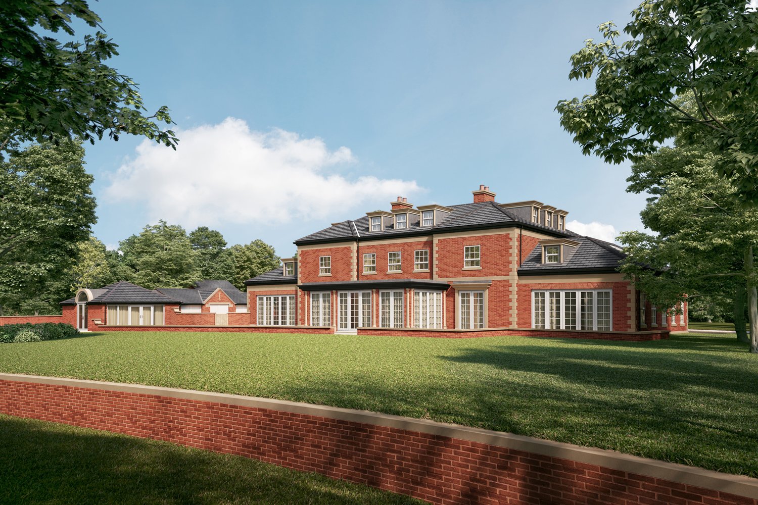 A back view of the impressive Chaseley Farm building, with a view of the summerhouse, lawns and surrounding brick walls.