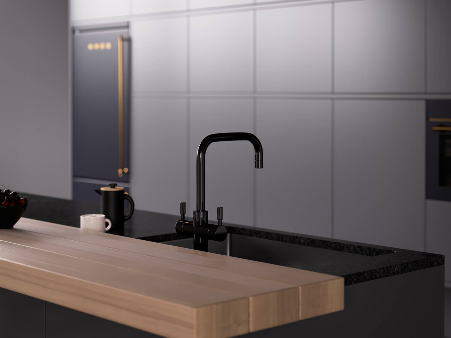Close up on tap in modern kitchen 3D rendering showing tap product CGI - monochrome design with wood island in front of grey wall and fitted fridge.