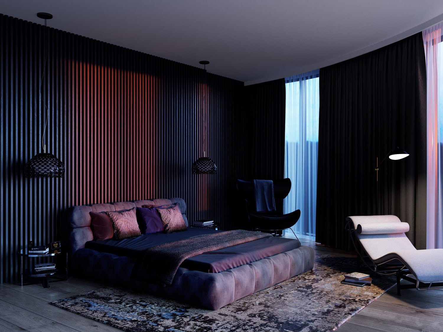 Beautiful red sunlight falls onto a luxurious bed through the open curtains in the bedroom, with the textured pillows and expensive panelled wall. Part of the dynamic creative pack.